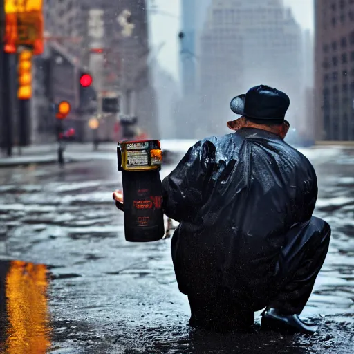 Prompt: closeup portrait of a man fishing in a puddle rainy new york street, by David Lazar, natural light, detailed face, CANON Eos C300, ƒ1.8, 35mm, 8K, medium-format print