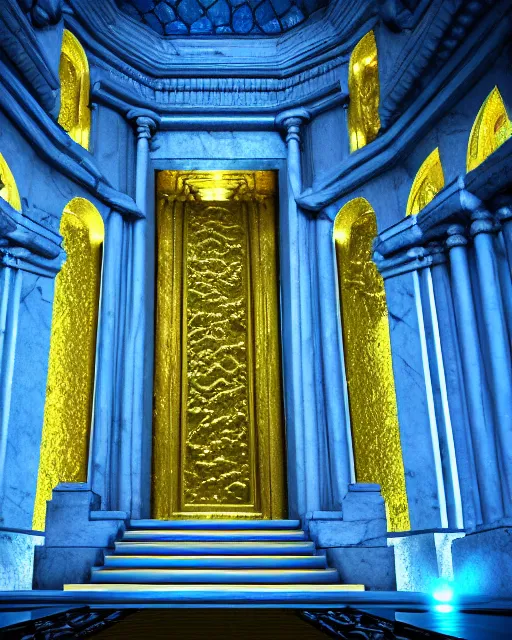 Image similar to scientifically realistic render scifi gold staircase to royal temple carved out of marble skeleton and blue gems and cyan crystal rendered in octane