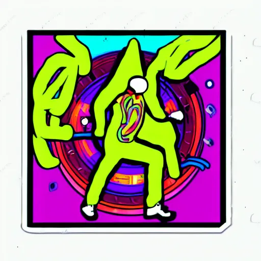 Image similar to svg sticker of a Dancing-Alex-Grey-Psychedelic-Rave-Man, at a rave, spinning records, giant headphones rocking out, wearing headphones, huge speakers, dancing, rave, DJ, spinning records, digital art, amazing composition, rule-of-thirds, award-winning, trending on artstation, featured on deviantart