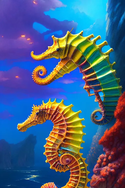 Image similar to highly detailed portrait of rainbow - colored seahorse, stephen bliss, unreal engine, fantasy art by greg rutkowski, rhads, ferdinand knab, makoto shinkai and lois van baarle, ilya kuvshinov, rossdraws, tom bagshaw, global illumination, radiant light, yellow blue theme, coral reef