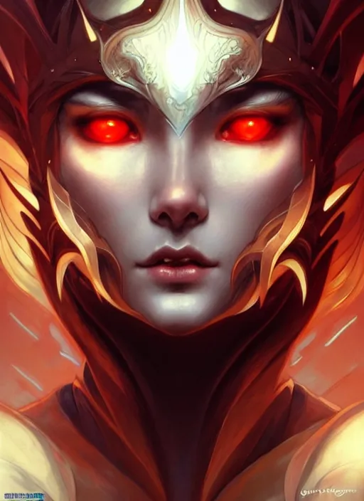 Image similar to concept art by artgerm, attractive i robot demon queen with crown and red eyes, soft natural light, intricate, elegant, highly detailed, mountain background with houses and river, digital painting, artstation, concept art, smooth, sharp focus, illustration, art by greg rutkowski and alphonse mucha and uang guangjian and gil elvgren, symmetry!!