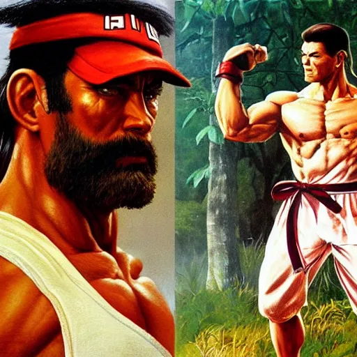 Image similar to ultra realistic painting of forest gump as ryu from street fighter, art by frank frazetta, 4 k, ultra realistic, highly detailed, epic lighting