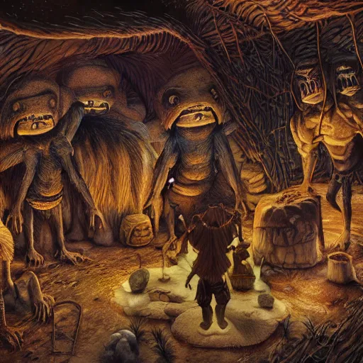 Image similar to primitive extraterrestrial villagers inside primitive hut, dramatic lighting, illustration, ron cobb, mike mignogna, science fiction, detailed painting, high detail, coherent, rough paper