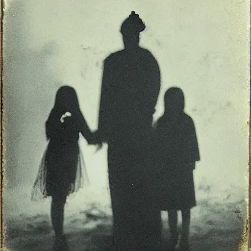 Image similar to spirit photography with glowing bulbous ectoplasm, scary shadow people, couple mourning, sleep paralysis demon, plasma lightning bolts, 1 9 0 0 s, slimer, summoning tall horned demon, mourning family, invoke fear and dread, old photograph, daguerreotype