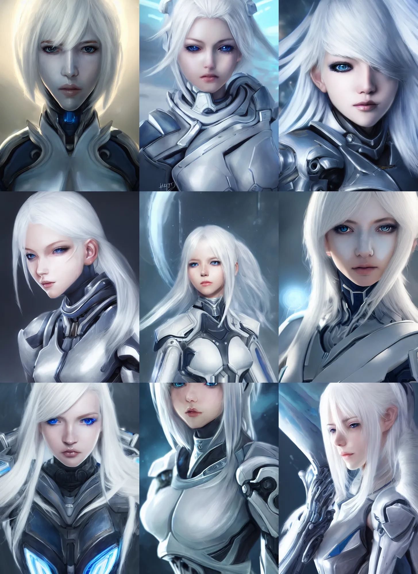 Image similar to detailed portrait of perfect white haired girl, android, warframe armor, beautiful, pretty face, blue cyborg eyes, innocent, scifi, 4 k, sun yunjoo, ultra realistic, aura of light, cinematic lighting, highly detailed, sharp focus, artstation, masterpiece, art by hyungjin yang and akihito tsukushi