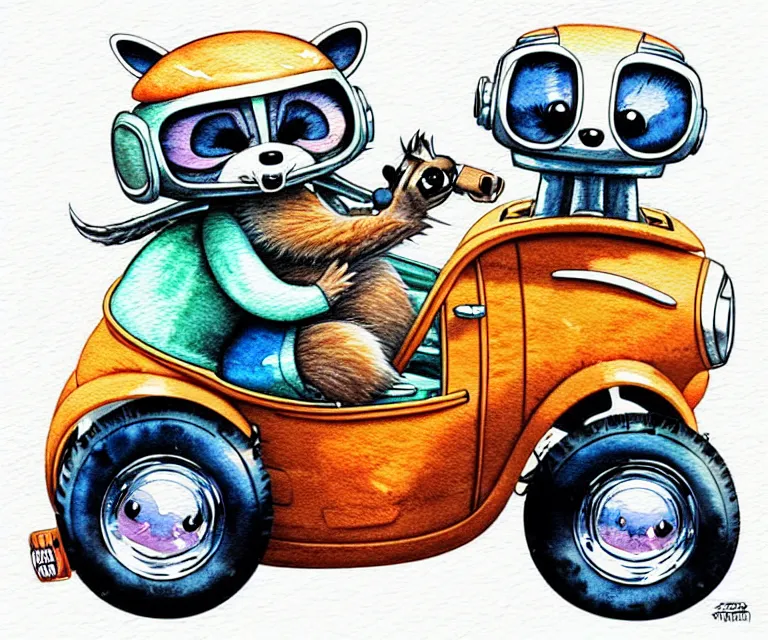 Image similar to cute and funny, racoon wearing a helmet riding in a tiny streetrod with oversized engine, ratfink style by ed roth, centered award winning watercolor pen illustration, isometric illustration by chihiro iwasaki, edited by range murata, tiny details by artgerm and watercolor girl, symmetrically isometrically centered