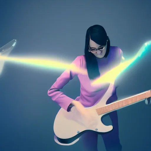 Image similar to women playing guitar, televisions, artstation, details, volumetric light, futuristic, pastel