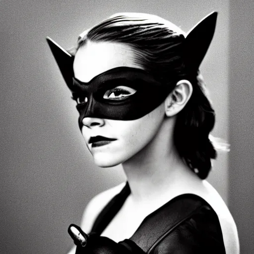Prompt: Emma Watson as Catwoman, XF IQ4, f/1.4, ISO 200, 1/160s, Adobe Lightroom, DxO Photolab, polarizing filter, Sense of Depth, AI enhanced, HDR, in-frame