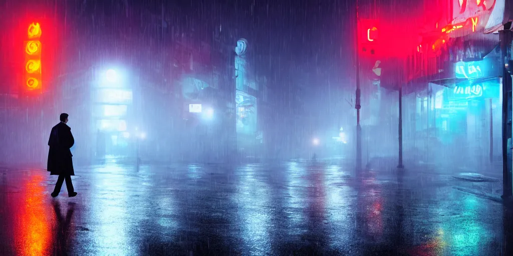 Image similar to a cinematic shot of a man in a trench coat walking down a foggy city street at night, wet streets, in the style of blade runner, colorful, neon