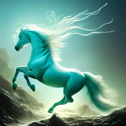 Image similar to a fantastical transparent small turquoise spirit horse made of water and foam and algae, splashing water, wave, translucent, ethereal, noble, radiant, hyperalism, scottish folklore, digital painting, artstation, concept art, smooth, 8 k frostbite 3 engine, ultra detailed, art by artgerm and greg rutkowski and magali villeneuve
