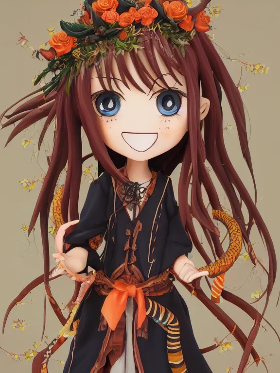 Prompt: A goodsmile anime figure Full shot of a cute mischievous young witch about to get up to some trouble with her playful snake familiar. Latin American fashion. Floral patterns. Black and Orange palette. Magic. Latina girl. brown skin. defined facial features, symmetrical facial features. Smiling. Key Art. Fantasy Illustration. award winning, Artstation, intricate details, realistic, Hyperdetailed, 8k resolution.