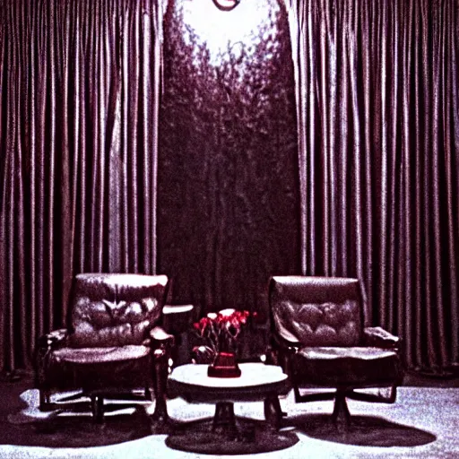 Image similar to the black lodge, Twin Peaks (1990), eerie surreal nightmare, david lynch, red curtains, ominous