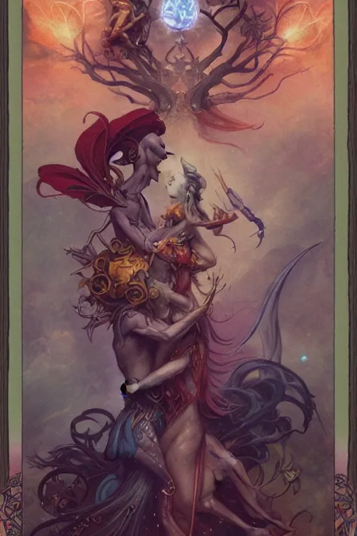 Prompt: an illustrated tarot card of The lovers based on the original rider waite tarot deck, full of colors, insane details, concept art, elegant, by Peter Mohrbacher and brian froud dynamic lighting