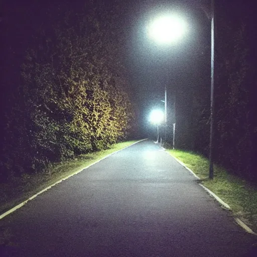 Prompt: Beautiful cameraphone, soft liminal Photograph of estate road, hedge night, streetlight.