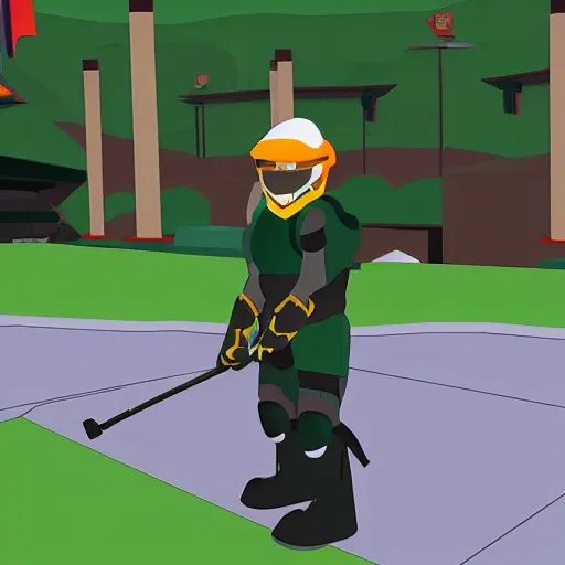 Prompt: master chief play golf in south park episode