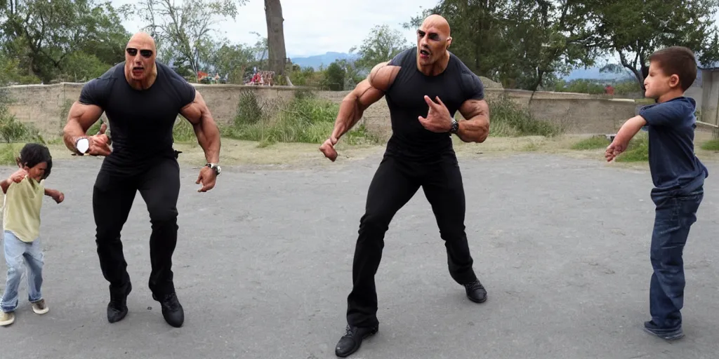 Prompt: the rock, mean face, stepping on children