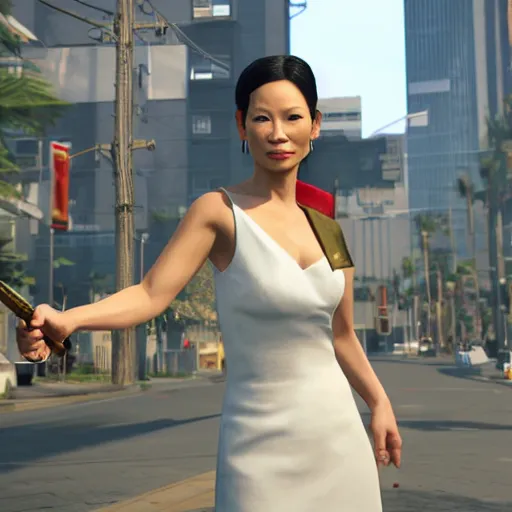 Prompt: Lucy Liu in white dress holding sword, standing in lavish gold office, style of GTA V, octane render