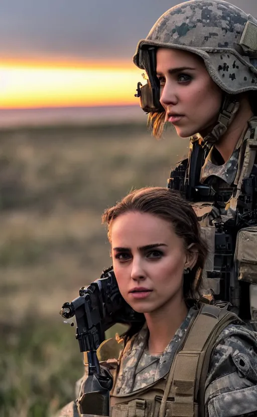 Prompt: highly detailed, high resolution, war footage, stunning, real world, real sunset, in the middle of the battlefield, a girls half nathalie portman half jessica alba, frontline style, bokeh soft, 100mm, trending on instagram, by professional photographer, featuring picciolina airsoftgirl, realistic human anatomy, realistic military carrier, soldier clothing, modern warfare, realistic handgun