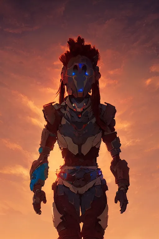 Image similar to combination suit armor aloy horizon forbidden west horizon zero dawn radiating a glowing aura global illumination ray tracing hdr fanart arstation by ian pesty and alena aenami artworks in 4 k tribal robot ninja mask helmet backpack