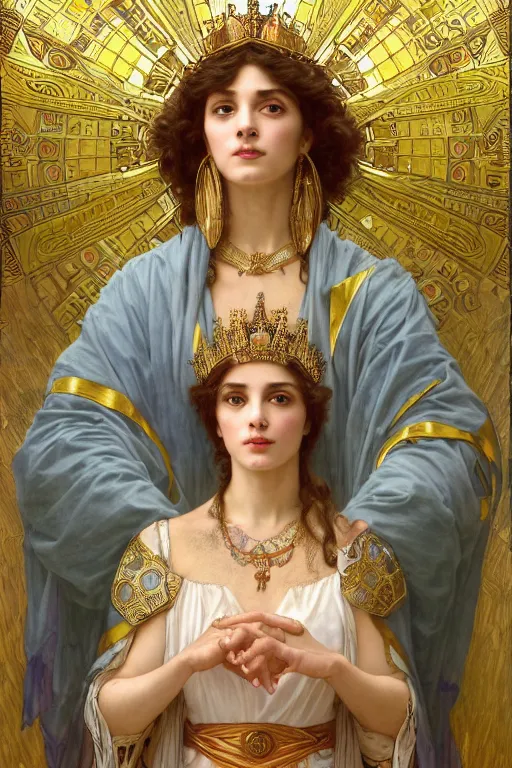 Image similar to Portrait of historically accurate, biblical, sneering, young, wicked, terrible, evil, pagan, beautiful, queen jezebel of ancient Israel, wearing gilded robes, long hair, intricate, elegant, highly detailed, masterpiece, illustration, art by artgerm and greg rutkowski and alphonse mucha and Wayne Barlowe and william-adolphe bouguereau, highly detailed, trending on artstation, award winning