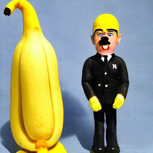 Image similar to adolf hitler banana action figure, well lit, studio light, painted action figure, toy advertisement, toy package