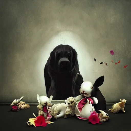 Image similar to A beautiful conceptual art of a large black dog with teeth bared, looming over a small white rabbit. The rabbit looks terrified, and the dog seems ready to attack. felt pieces by Jeannette Guichard-Bunel manmade