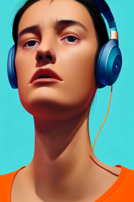 Prompt: hyperrealistic precisionist cinematic profile. girl looking to the right, wearing beats headphones. short brown hair, white jumper. lit from the right side, orange light, highly detailed face, digital art masterpiece, smooth eric zener cam de leon, dramatic pearlescent turquoise light on one side, low angle uhd 8 k, shallow depth of field, portrait photography