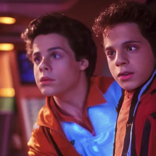 Prompt: young jake t. austin from wizards of waverly place, playing dabo in quark's bar on deep space nine, 3 5 mm photography, highly detailed, cinematic lighting, 4 k