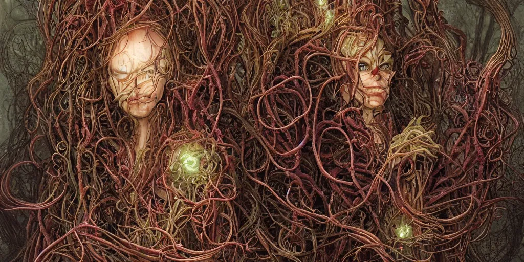 Image similar to centered horrifying detailed view profile portrait of an insane, crazed, mad spaghetti monster, dunwitch horror, ornate spaghetti strings growing around, elegant, tentacles, vines, beautifully soft lit, full frame, 8 k, by wayne barlowe, peter mohrbacher, kelly mckernan, h r ginger