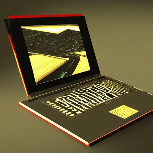 Prompt: drawing of innovative concept laptop by Japanese engineers, blade runner style, 3d, photorealism