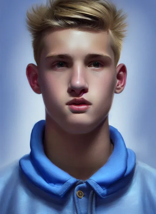 Image similar to portrait of a teenage boy named moose mason, blonde short hair, jock, beefy, square jaw, square facial structure, 1 9 5 0 s, blue varsity jacket, intricate, elegant, glowing lights, highly detailed, digital painting, artstation, concept art, smooth, sharp focus, illustration, art by wlop, mars ravelo and greg rutkowski