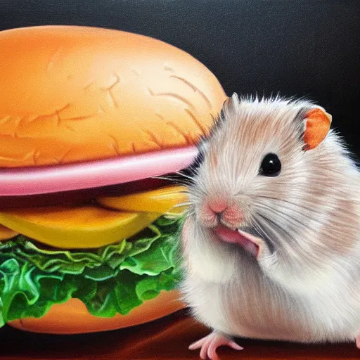 Image similar to a detailed oil painting of a hamster chewing on a giant hamburger