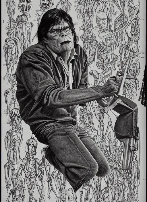 Image similar to full page scan of detailed vintage anatomical drawing of Stephen King as Jordy Verrill in Creepshow (1982), illustrated, intricate writing, highly detailed