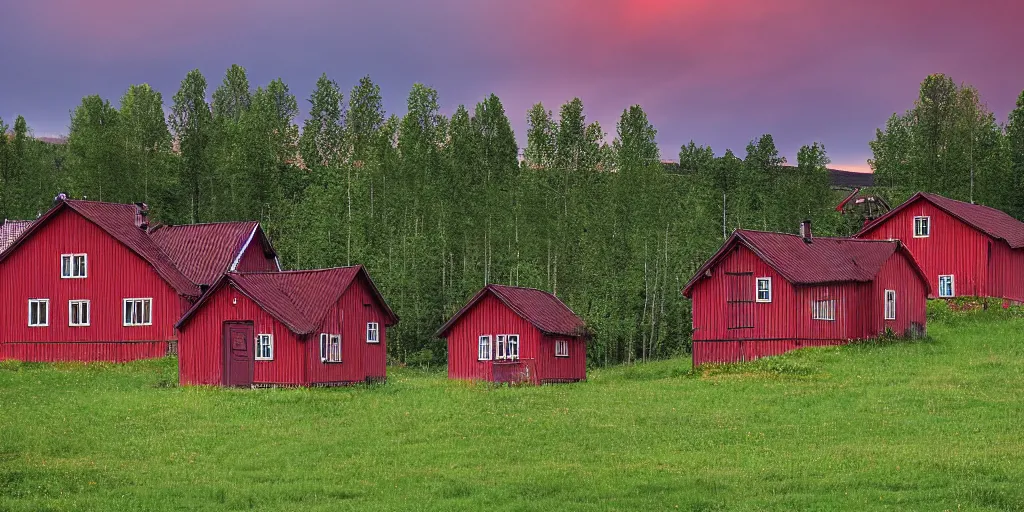 Image similar to a dramatic lighting view of dalarna, sweden, red and brown wooden cottages seen on a field, in the style of anders zorn