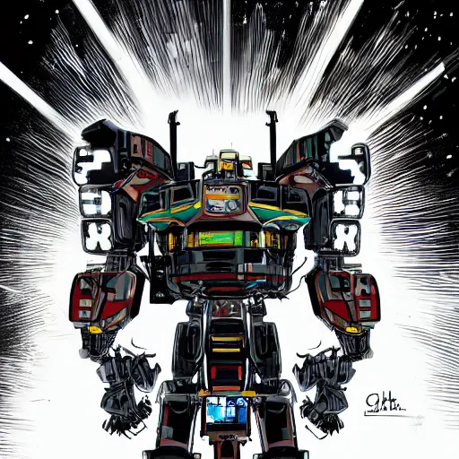 Image similar to mecha standing in front of the spacechip, dark room, smoke, smoth, in the graphic style of Patrick Gleason and Matt James, detailed art, trending on Artstation, sharp focus, Beautiful comic art