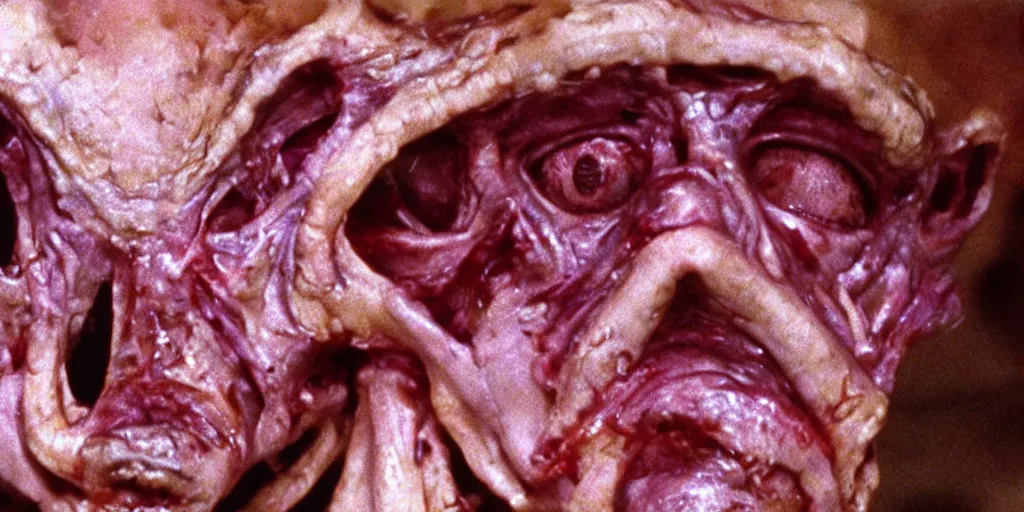 Image similar to filmic close up dutch angle movie still 35mm film color photograph of the snarling distorted human face of a mutated shape shifting organism made of human internal organs, disgusting dissected human tissue with a variety of grotesquely strewn together human and animal limbs, in the style of a horror film The Thing 1982