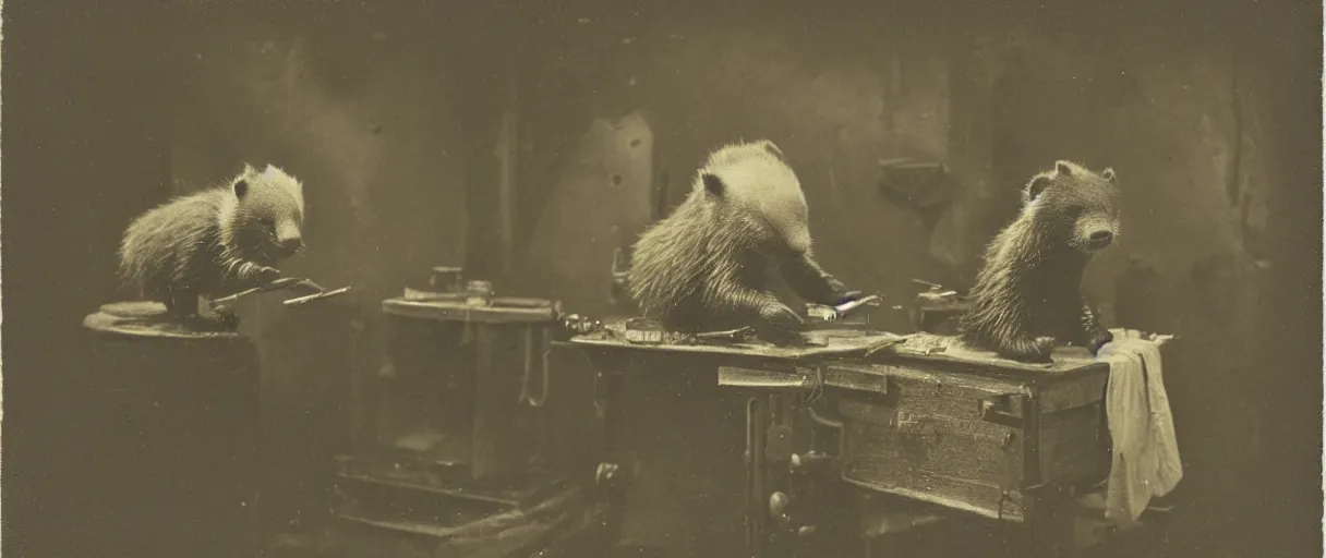 Prompt: detailed daguerreotype of a honey badger as watchmaker in workshop, stempunk laboratory, vintage style, wet collodion, stempunk, sepia, monochrome black and white, artistic photo from late xix century, high resolution, dark atmosphere