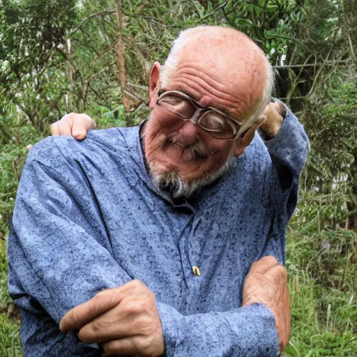 Prompt: an old man hugging earth