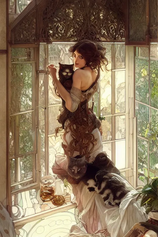 Prompt: cottagecore appartment with 100 cats playing inside, beautiful Hair, studio gibly, intricate, elegant, highly detailed, digital painting, artstation, concept art, smooth, sharp, focus, illustration, art by artgerm and greg rutkowski and alphonse mucha