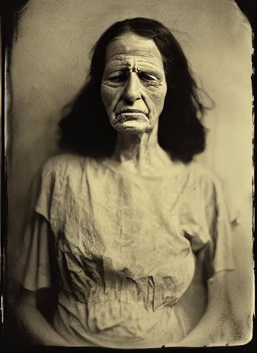 Image similar to portrait of a blind women, hyperrealism, photo realistic, detailed, award winning photograph, cinematic lighting, ambrotype wet plate collodion by richard avedon and shane balkowitsch