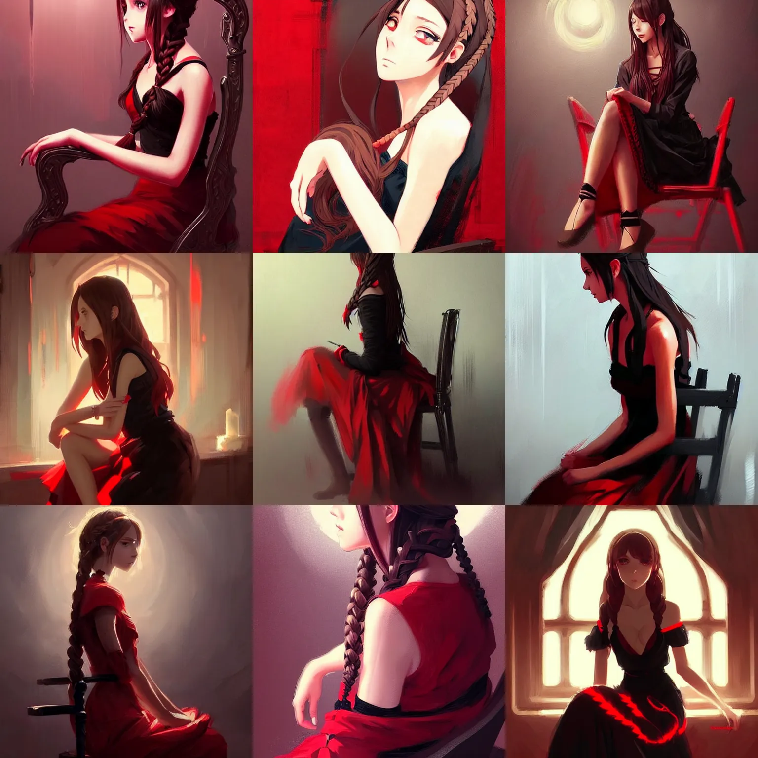 Prompt: beautiful woman with braided brown hair, wearing an elegant dress, sitting in a chair, painting, red and black color palette, in the style of greg rutkowski, high quality anime artstyle, intricate!!!!!