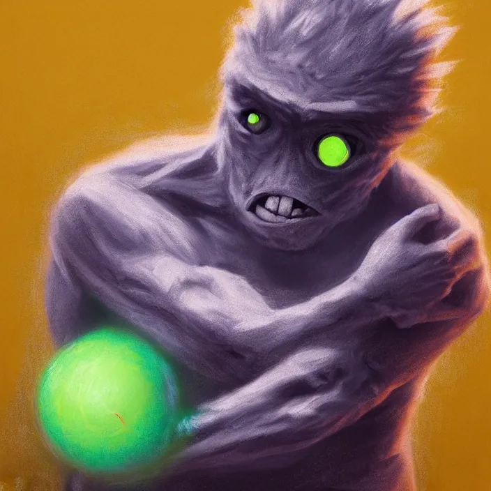 Image similar to cinematic portrait of a cute tennis ball monster in the abyss of space, chalk, masterpiece, trending on artstation, featured on pixiv, cinematic composition, dramatic pose, beautiful lighting, sharp details, hyper - detailed, hd, hdr, 4 k, 8 k, art by basil gogos