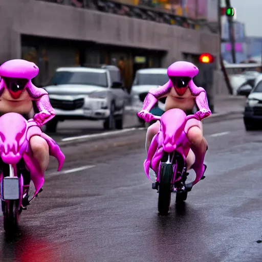 Prompt: hyper realistic, photo, humanoid pink female Squid creatures riding a motorcycle fast in the rainy city traffic