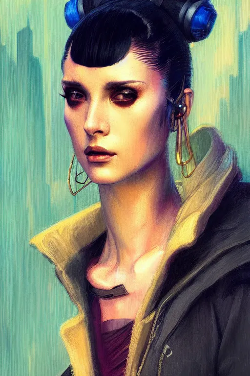 Image similar to character portrait cyberpunk blade runner 2 0 4 9 ( ( ( ( ( ( ( ( totally definitely not negative no not girl with the pearl earring inspired, well maybe a little ) ) ) ) ) ) ), character design, painting by gaston bussiere, katsuya terada, frank frazetta, tom of finland, trending on artstation