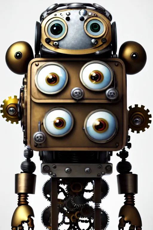 Prompt: a tiny cute steampunk robot with cogs screws big eyes smiling waving, back view, isometric 3 d, ultra hd, character design by mark ryden pixar hayao miyazaki, unreal 5, daz, hyperrealistic, octane render, cosplay, rpg portrait, dynamic lighting, intricate detail, summer vibrancy, cinematic, centered