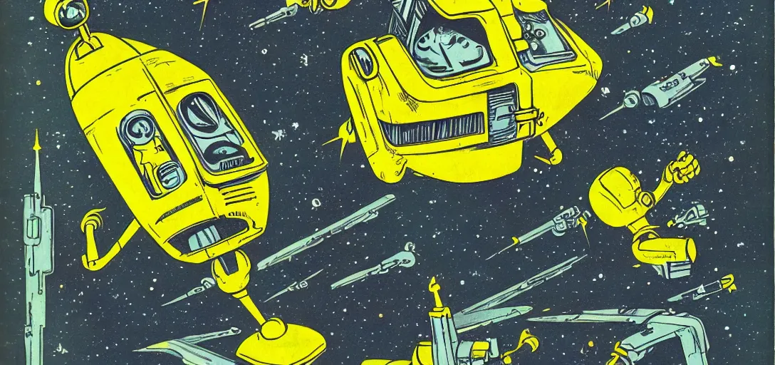 Image similar to small yellow spaceship with robot arms, comic style, pulp magazine, vintage scifi