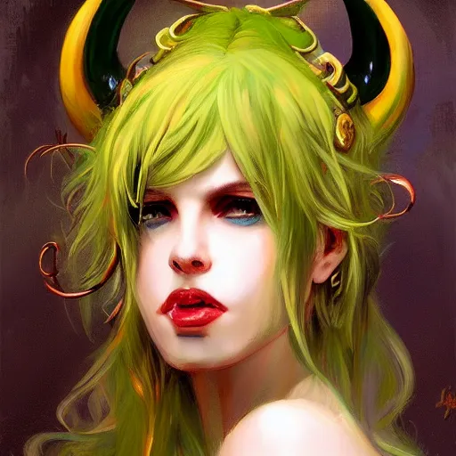 Image similar to A Beautiful Professional Model with Green hair and Yellow eyes and demon horns, fashionable clothes, detailed, looking seductively at the camera, centered, digital painting, artstation, concept art, donato giancola, Joseph Christian Leyendecker, WLOP, Boris Vallejo, Breathtaking, 8k resolution, extremely detailed, beautiful, establishing shot, artistic, hyperrealistic, beautiful face, octane render, cinematic lighting, dramatic lighting, masterpiece