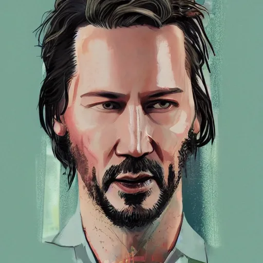 Image similar to keanu reevez in the art style of disco elysium