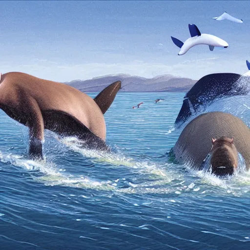 Image similar to capybaras converging on whale evolution, highly detailed concept art