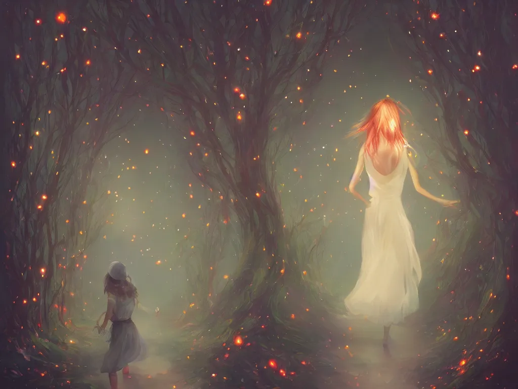 Image similar to Whimsical beautiful painting of a girl's back facing away, looking towards a glowing magical forest full of fireflies, cgsociety, trending on artstation